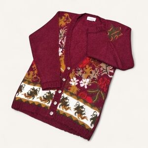 Vintage 90s Y2K Harvest Thanksgiving Burgundy Wool Blend Cardigan Casual Corner